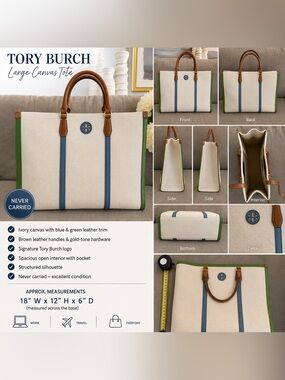 Tory Burch Cream Canvas Tote with Blue & Green Trim